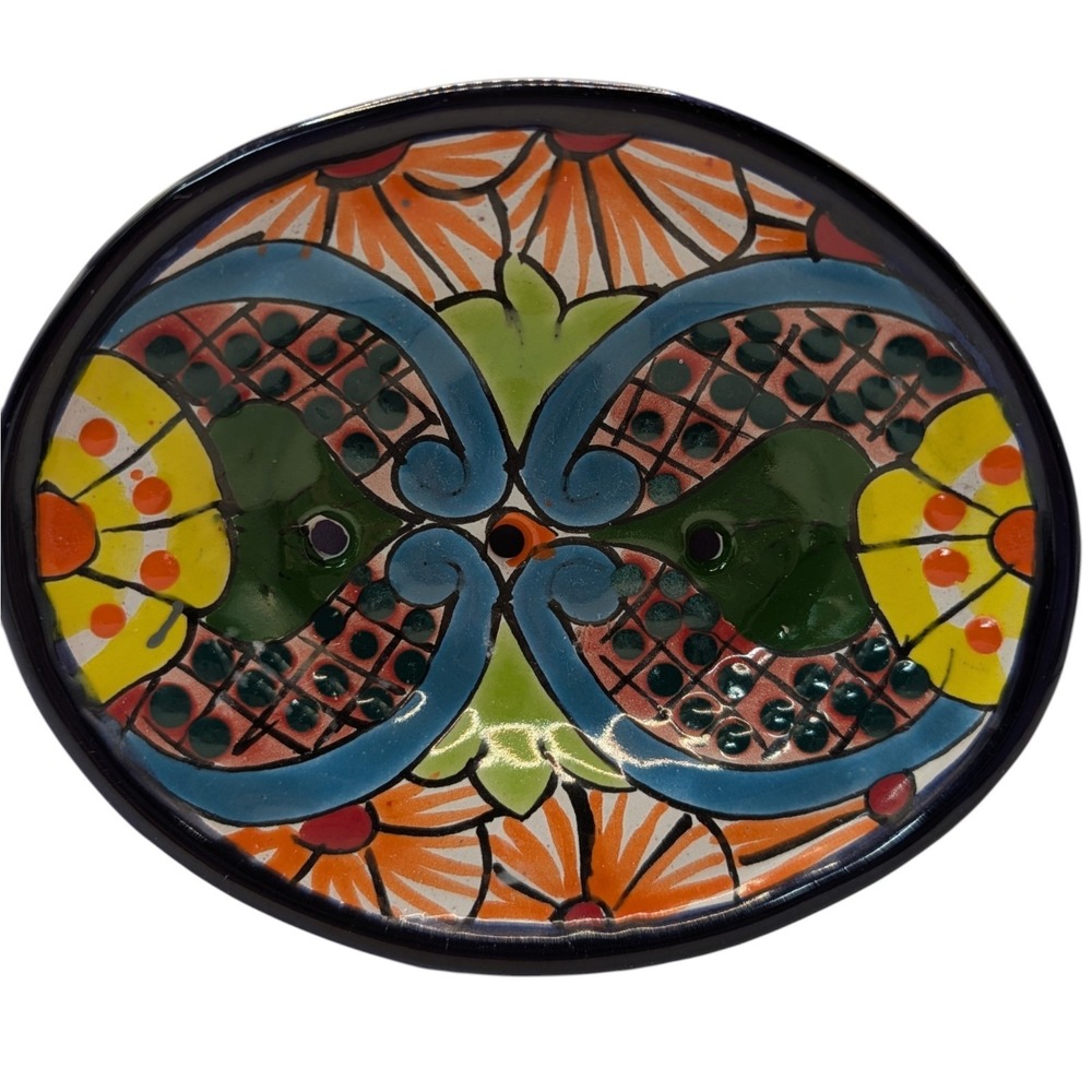 Mexican Hand Painted Soap Dish Red Clay Decorative Multicolors Folk Art